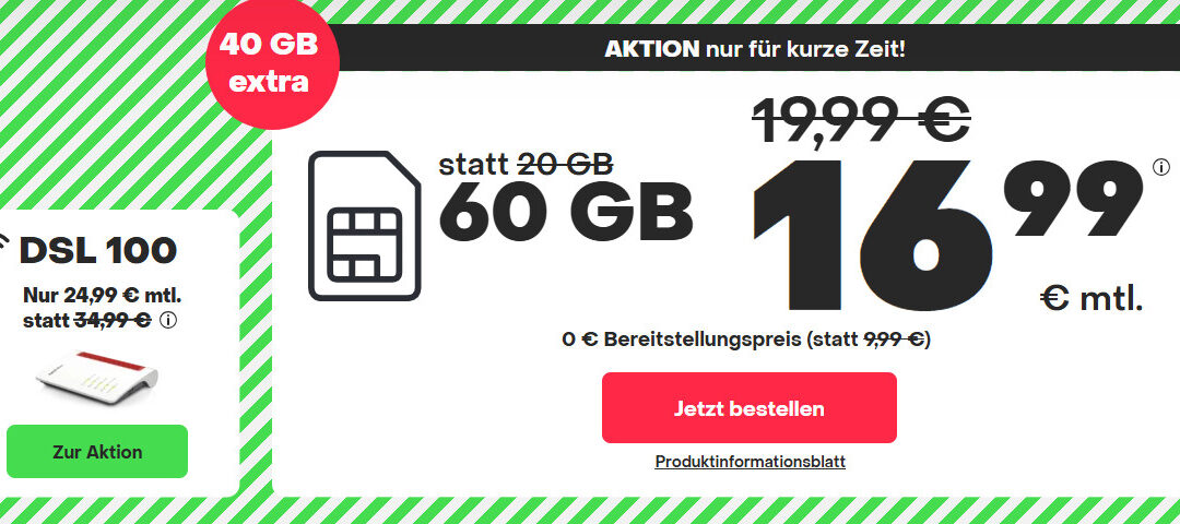 handyvertrag.de KNALLER-ANGEBOT: 60 GB (statt 20 GB!) Datenflat, Allnetflat für nur 16,99 € im Monat!
