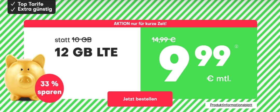 Jetzt 12 GB LTE Datenvolumen bei handyvertrag.de für nur 9,99 € sichern!