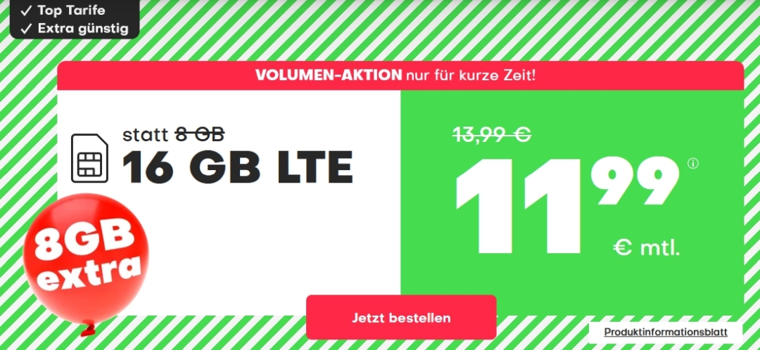 handyvertrag.de: 16 GB LTE + Allnet- und SMS-Flat für nur 11,99 € monatlich!