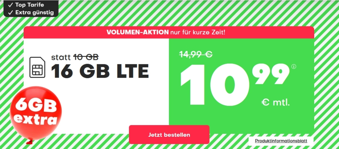 16 GB LTE + Allnet- und SMS-Flat jetzt nur 10,99 € bei handyvertrag.de!