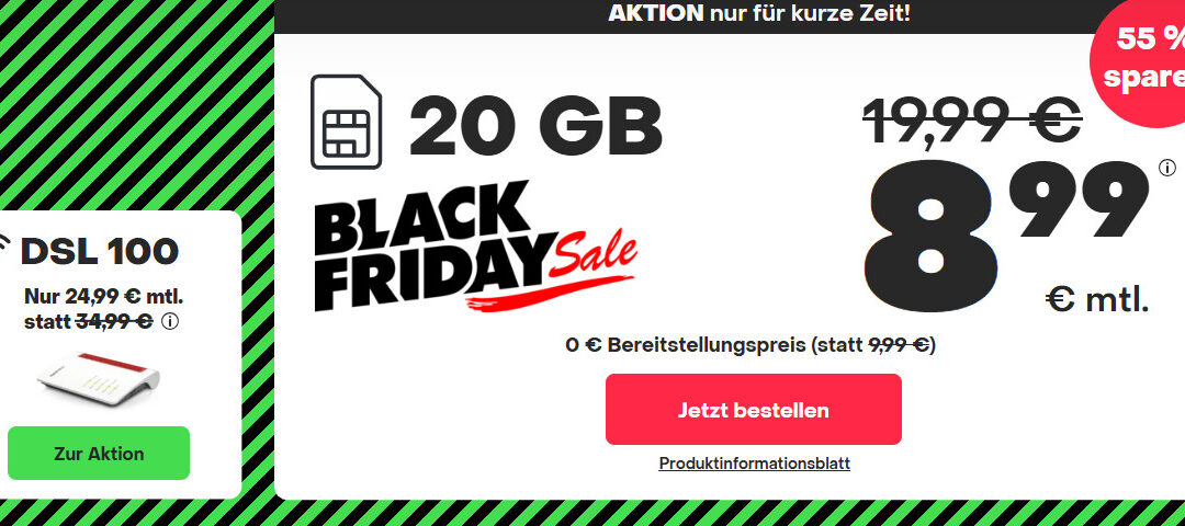 handyvertrag.de Black Friday Sale: 20 GB für nur 8,99 € statt 19,99 € – 55% sparen!