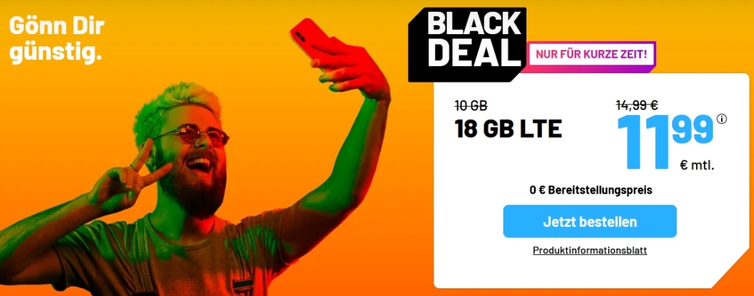 BLACK DEAL bei sim.de: 18 statt 10 GB LTE-Datenvolumen für nur 11,99 €