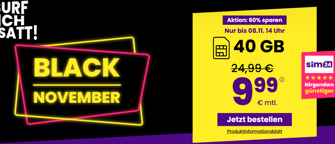 sim24.de Black November Deal – 60% sparen: 40 GB & Allnet Flat für nur 9,99 €